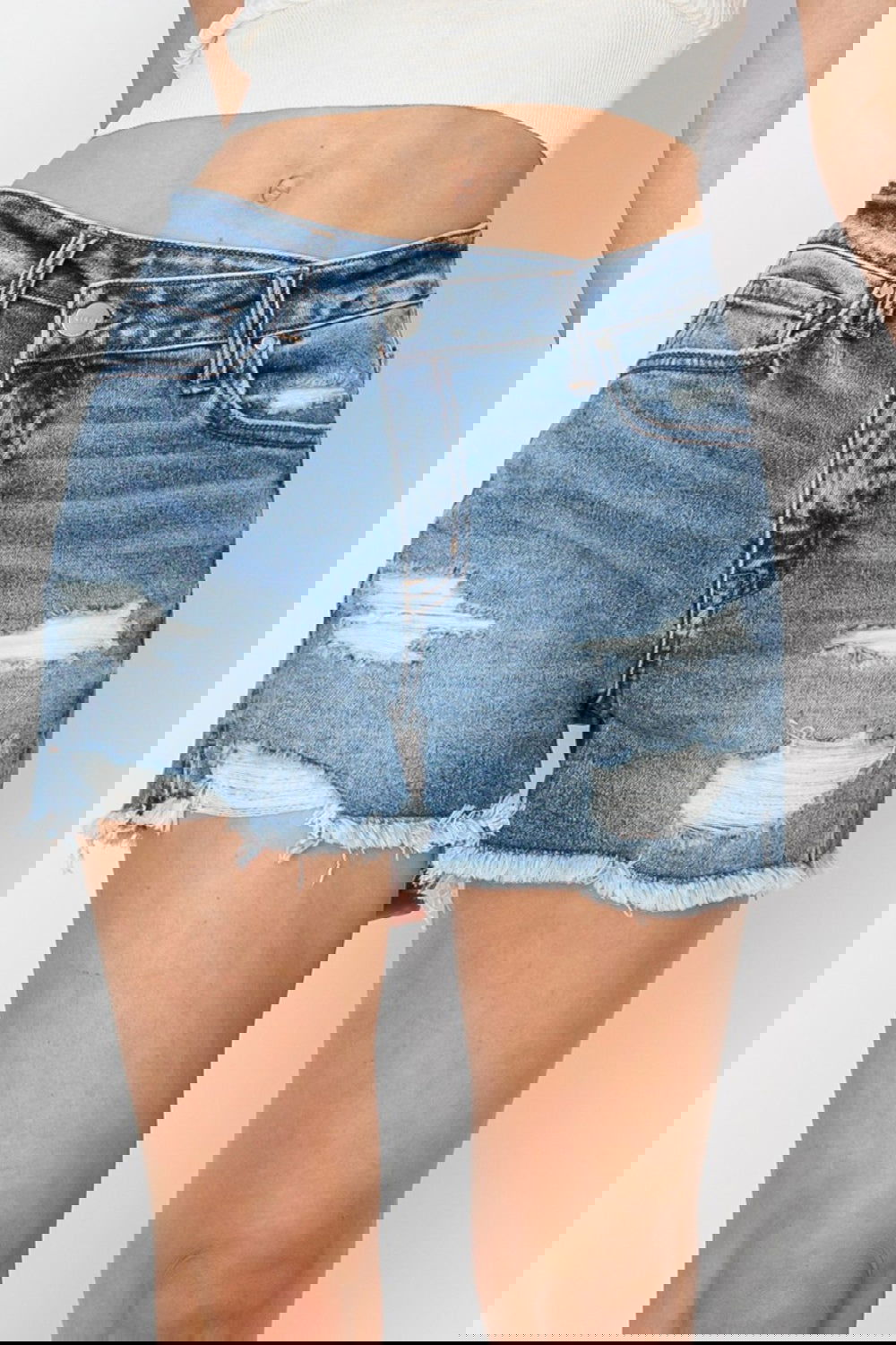 Stepped Waist Frayed Denim Shorts for Women - Ro + Ivy