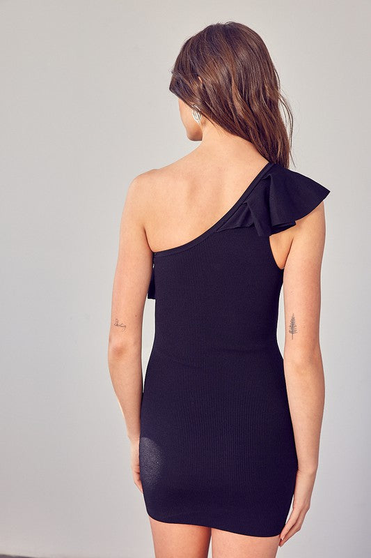 Women's One Shoulder Ruffle Ribbed Mini Dress | Mini Dresses | Ro + Ivy