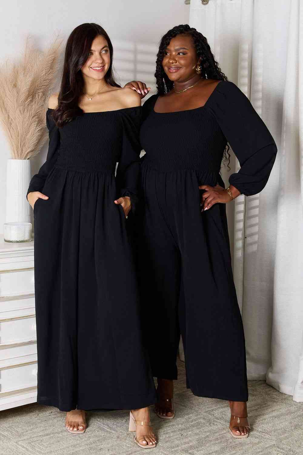 Women's Smocked Long Sleeve Wide Leg Jumpsuit with Pockets | Jumpsuits | Ro + Ivy