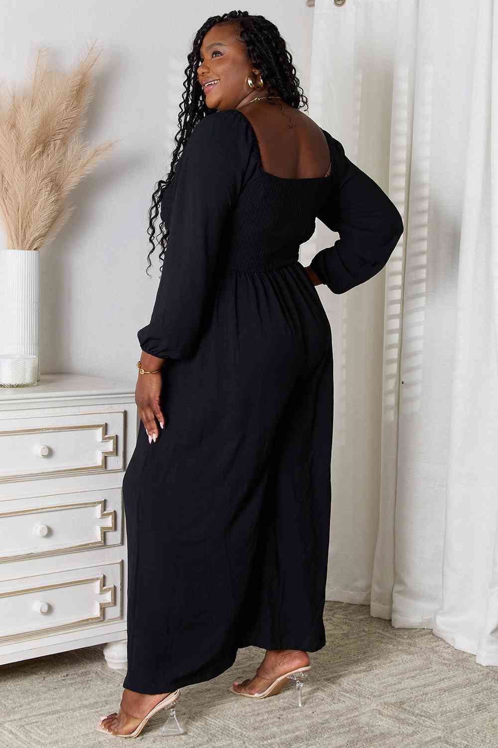 Women's Smocked Long Sleeve Wide Leg Jumpsuit with Pockets | Jumpsuits | Ro + Ivy
