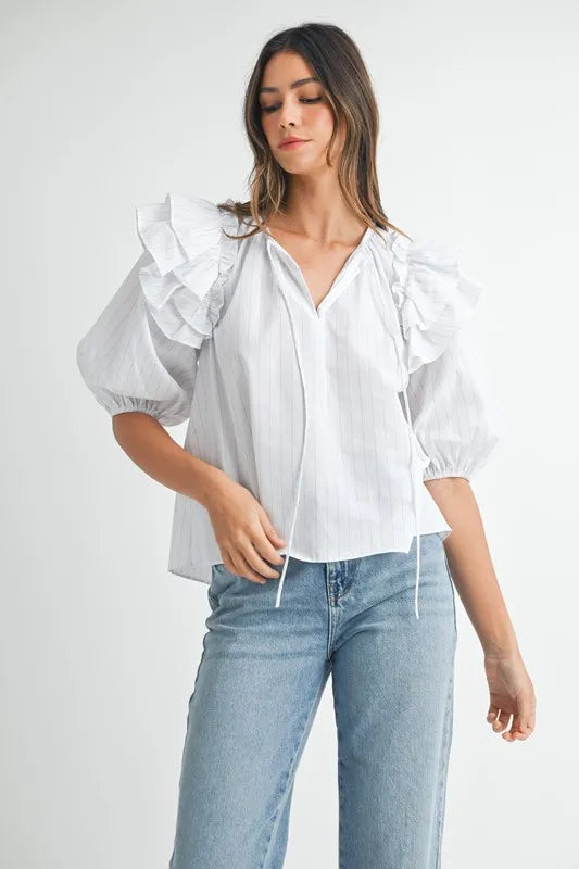 Stripe Ruffle Shoulder Puff Sleeve Blouse – outfit idea for women | Ro + Ivy