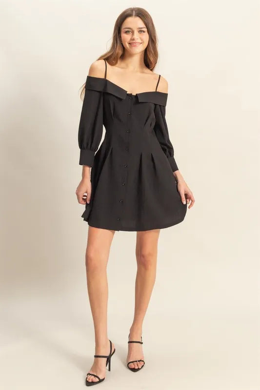 Button Down Spaghetti Strap Mini Dress With Pockets in Black – outfit idea for women | Ro + Ivy