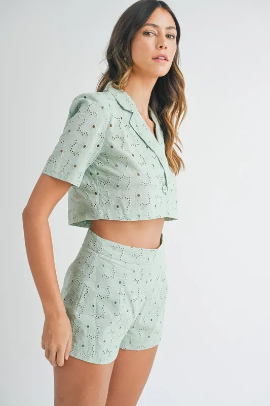 Eyelet Short Sleeve Crop Top And Shorts Set – outfit idea for women | Ro + Ivy
