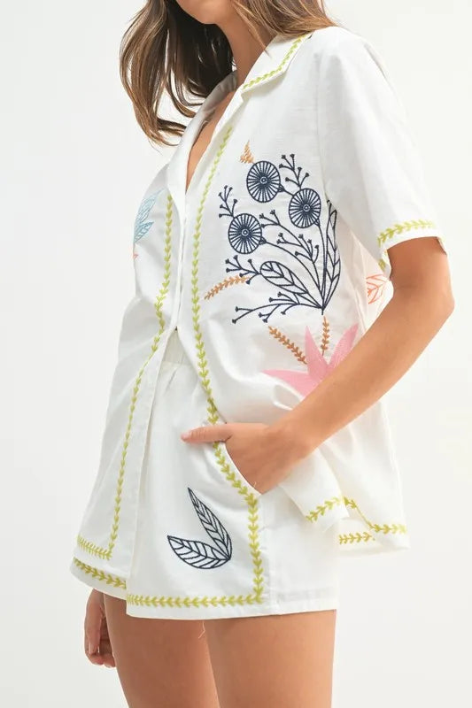 Embroidered Button Down Shirt And Shorts Set – outfit idea for women | Ro + Ivy