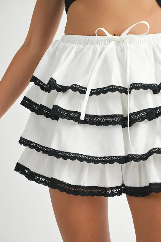 Poplin Ruffle Layered Contract Lace Trim Mini Skirt – outfit idea for women | Ro + Ivy