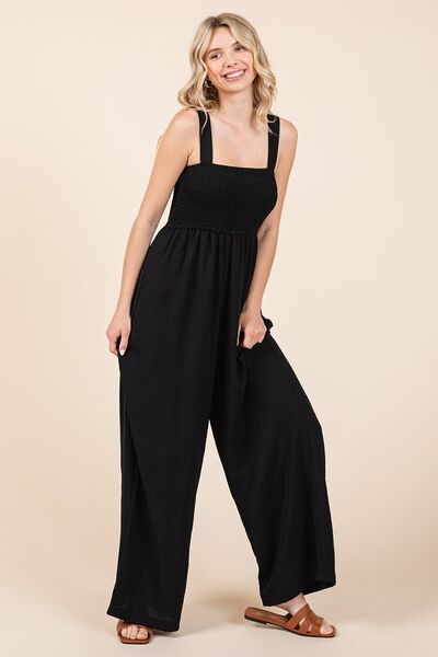 Smocked Wide Strap Wide Leg Overalls - Ro + Ivy