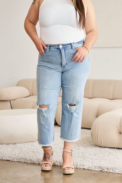 Full Size Tummy Control High Waist Raw Hem Distressed Jeans Trendy Jeans Outfit Idea for Women | Ro + Ivy
