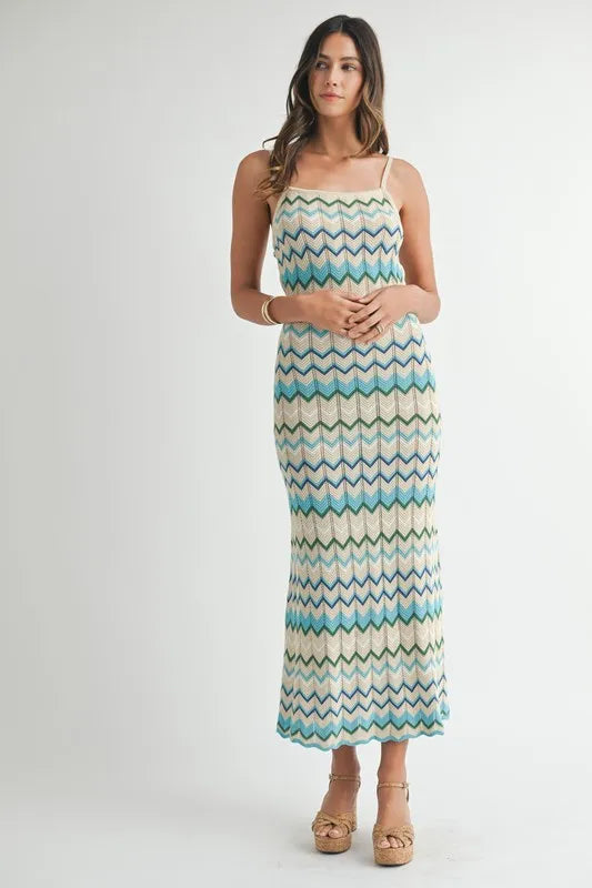 Lightweight Pointelle Chevron Knit Maxi Dress – outfit idea for women | Ro + Ivy