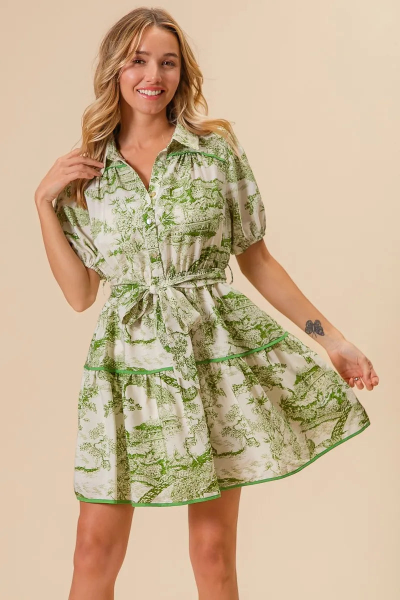 Woven Printed Tiered Mini Dress – outfit idea for women | Ro + Ivy