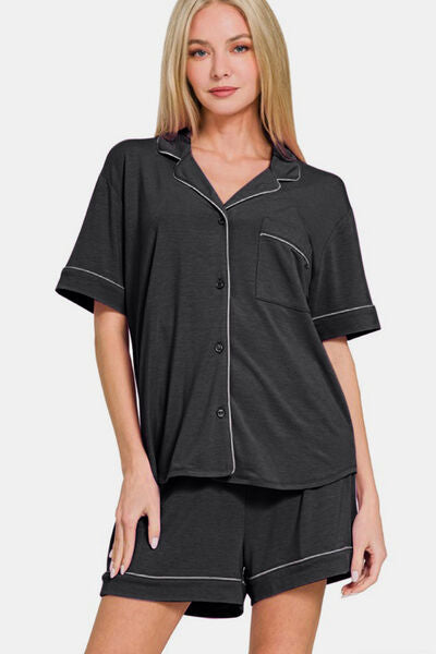 Button Down Short Sleeve Top and Shorts Sleepwear Set in Black - Ro + Ivy