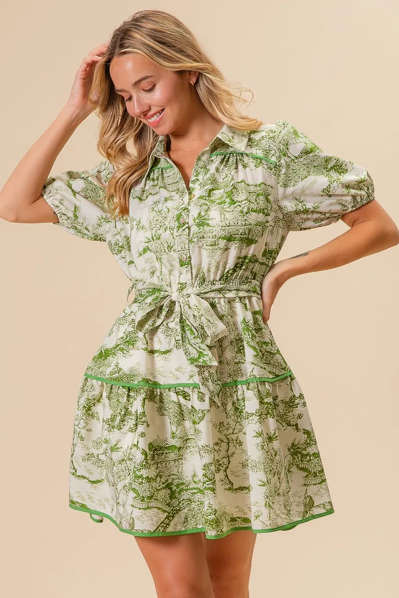 Woven Printed Tiered Mini Dress – outfit idea for women | Ro + Ivy