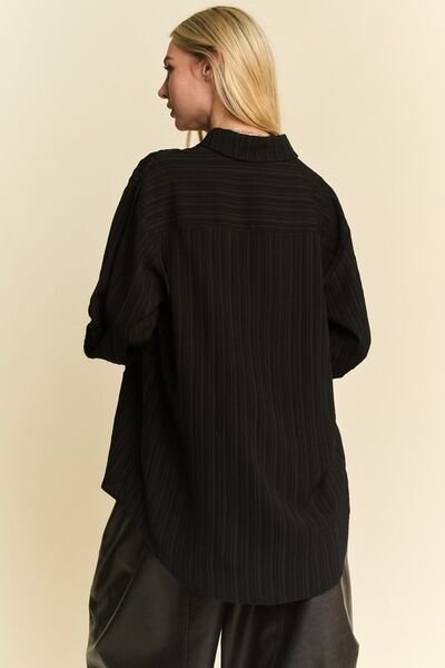 Crinkled Jacquard Button Down Shirt in Black - Ro + Ivy