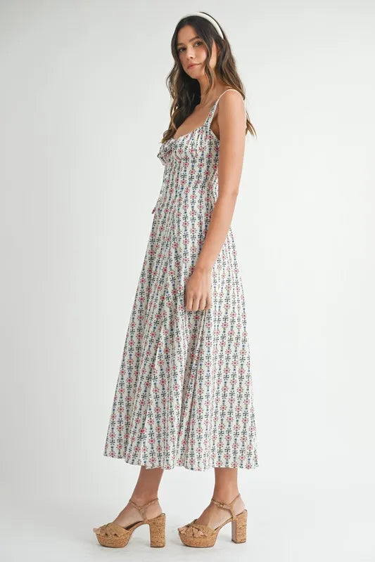 Floral Print Bustier Back Lace Up Midi Dress – outfit idea for women | Ro + Ivy