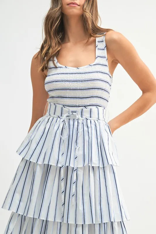 Pin Stripe Smocked Bodice Layered Midi Dress – outfit idea for women | Ro + Ivy