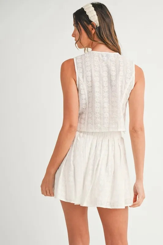 Eyelet Lace Top And Mini Skirt Set – outfit idea for women | Ro + Ivy