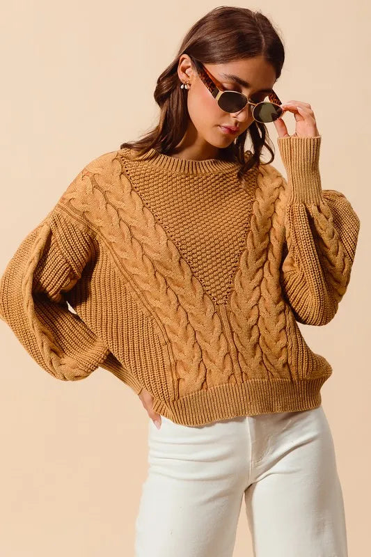 Mineral Washed Loose Fit Textured Cable Sweater – outfit idea for women | Ro + Ivy