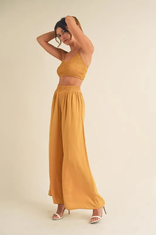 Smocked Bralette Crop Top And Wide Leg Pants Set – outfit idea for women | Ro + Ivy
