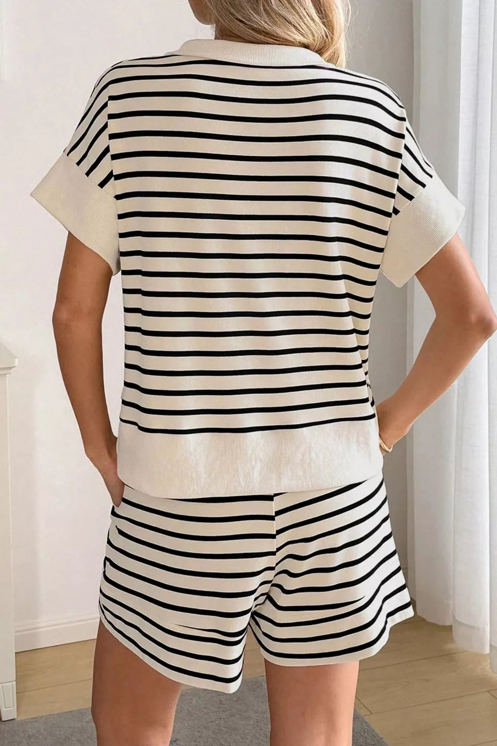 Women's Striped Half Zip Top and Shorts Set - Activewear Sets