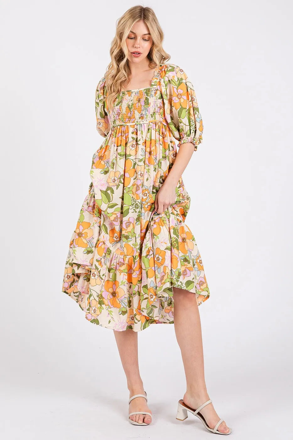 Flower Print Puff Sleeve Ruffle Smocked Midi Dress – outfit idea for women | Ro + Ivy