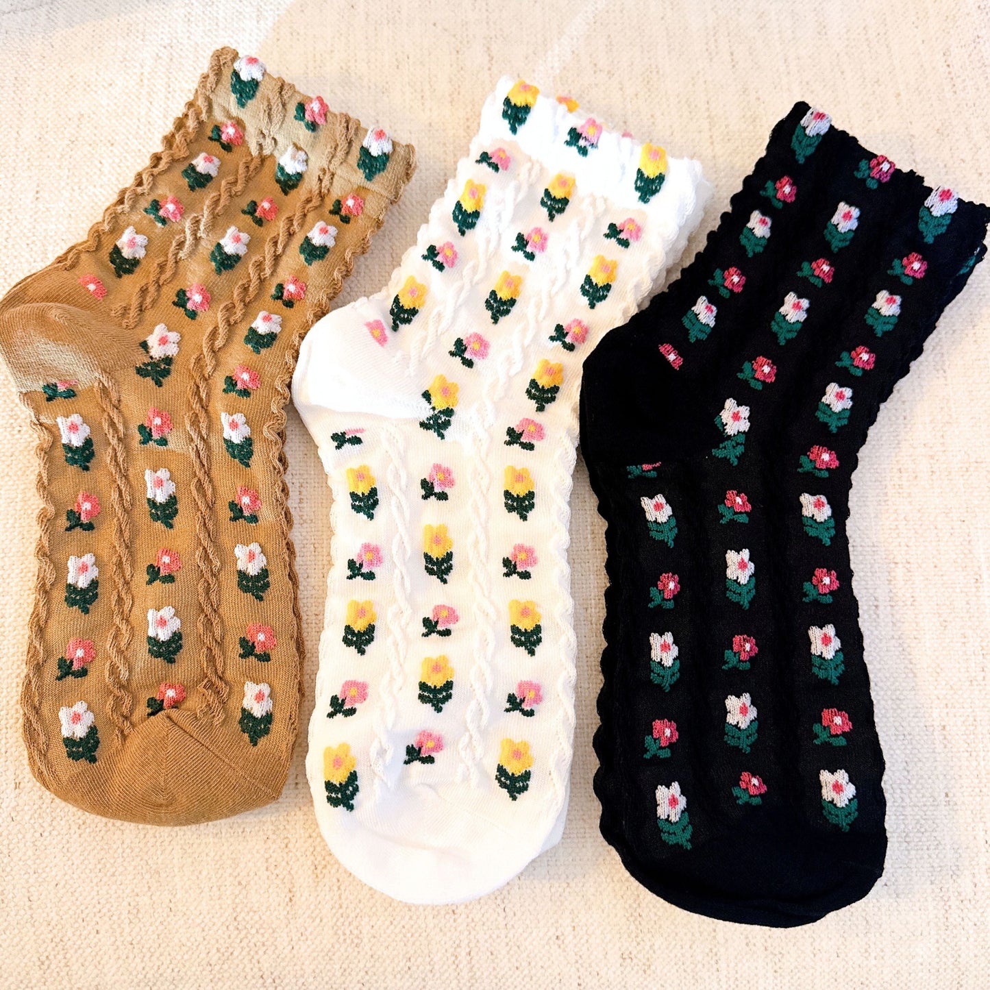 Mini Flower Embossed Crew Socks 3-Pack — Soft Textured Knit - Socks