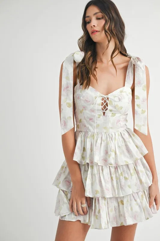 Floral Print Shoulder Tie Layered Mini Dress – outfit idea for women | Ro + Ivy