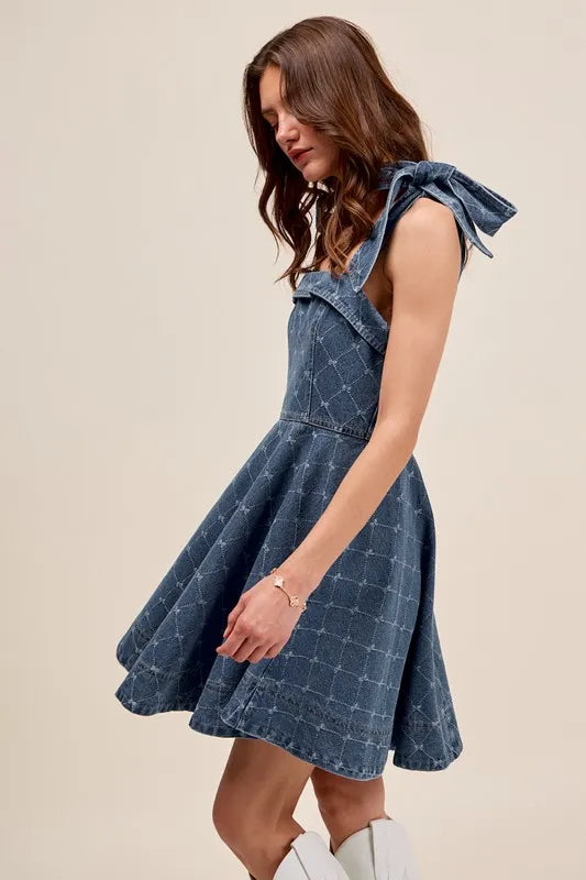 A Line Fit And Flare Diamond Bow Ribbon Denim Dress – outfit idea for women | Ro + Ivy
