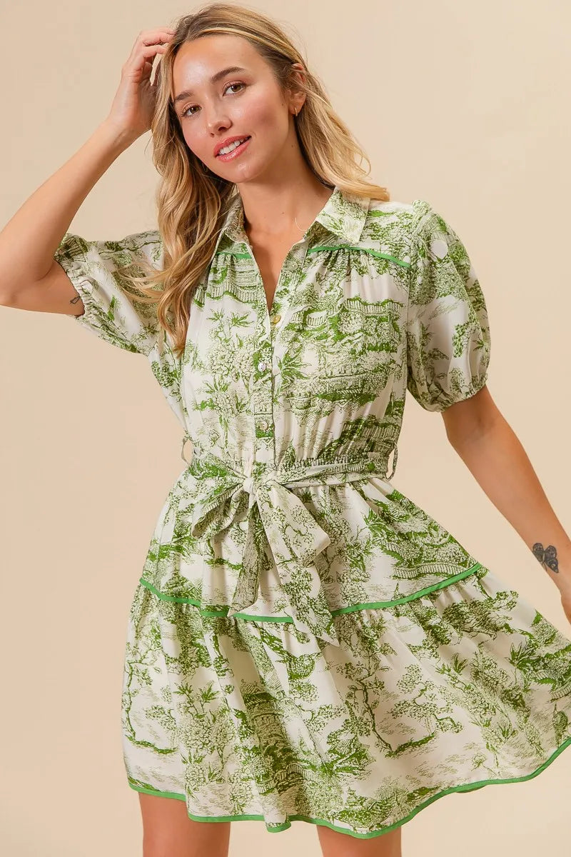 Woven Printed Tiered Mini Dress – outfit idea for women | Ro + Ivy
