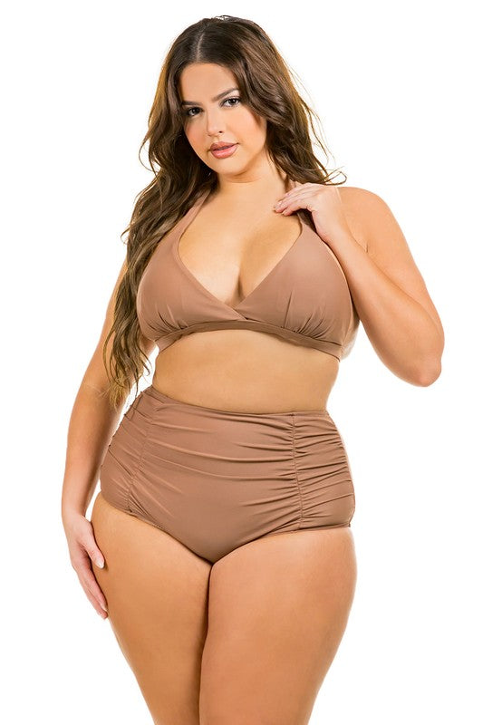 Two Piece High Waist with Ruched Front Swimsuit – outfit idea for women | Ro + Ivy