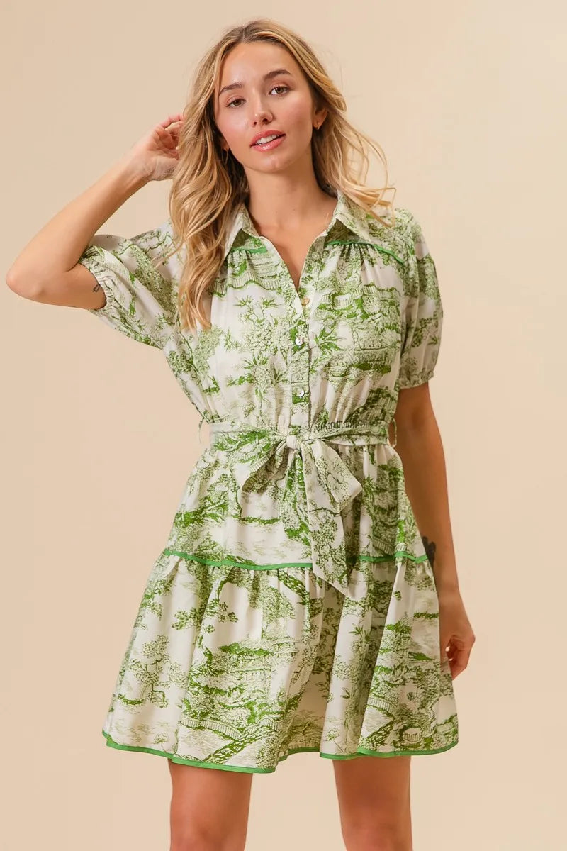 Woven Printed Tiered Mini Dress – outfit idea for women | Ro + Ivy