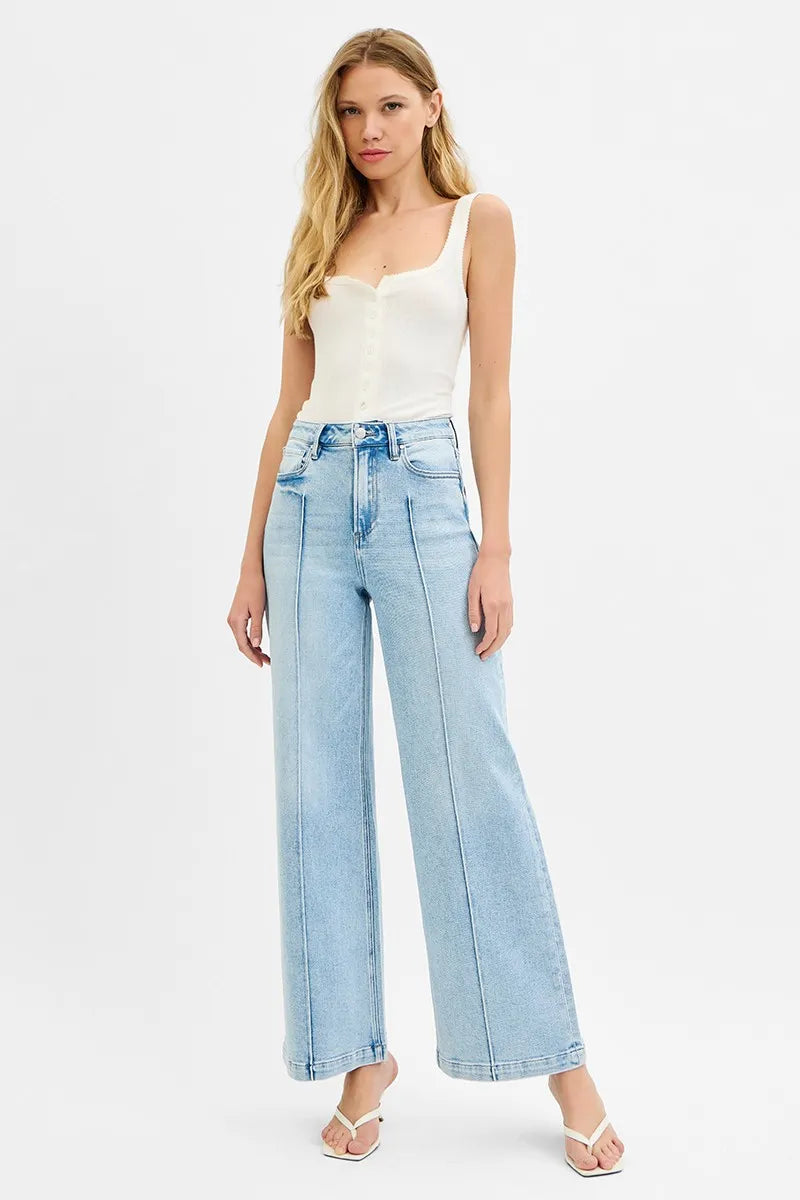 High Waist Pintuck Detailed Wide Leg Jeans – outfit idea for women | Ro + Ivy
