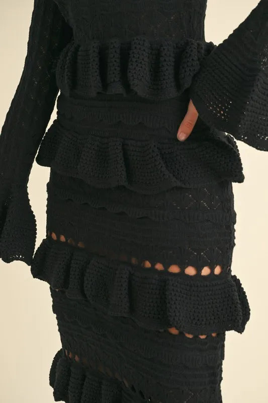 Long Sleeve Tiered Ruffle Knit Midi Dress – outfit idea for women | Ro + Ivy