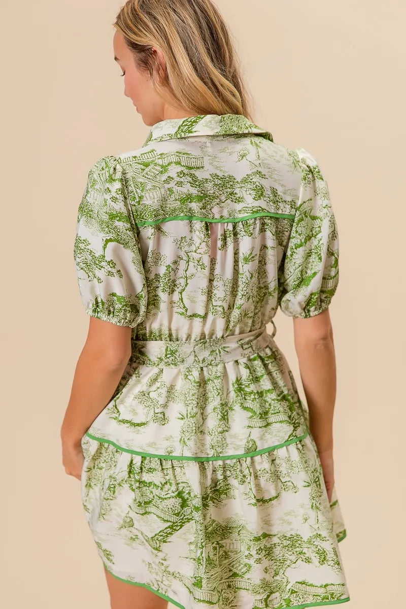 Woven Printed Tiered Mini Dress – outfit idea for women | Ro + Ivy