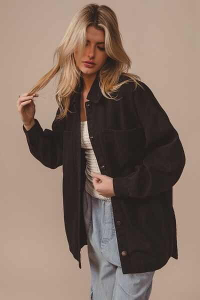 Button Up Washed Jacket with Pockets - Ro + Ivy