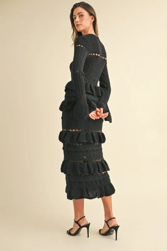 Long Sleeve Tiered Ruffle Knit Midi Dress – outfit idea for women | Ro + Ivy