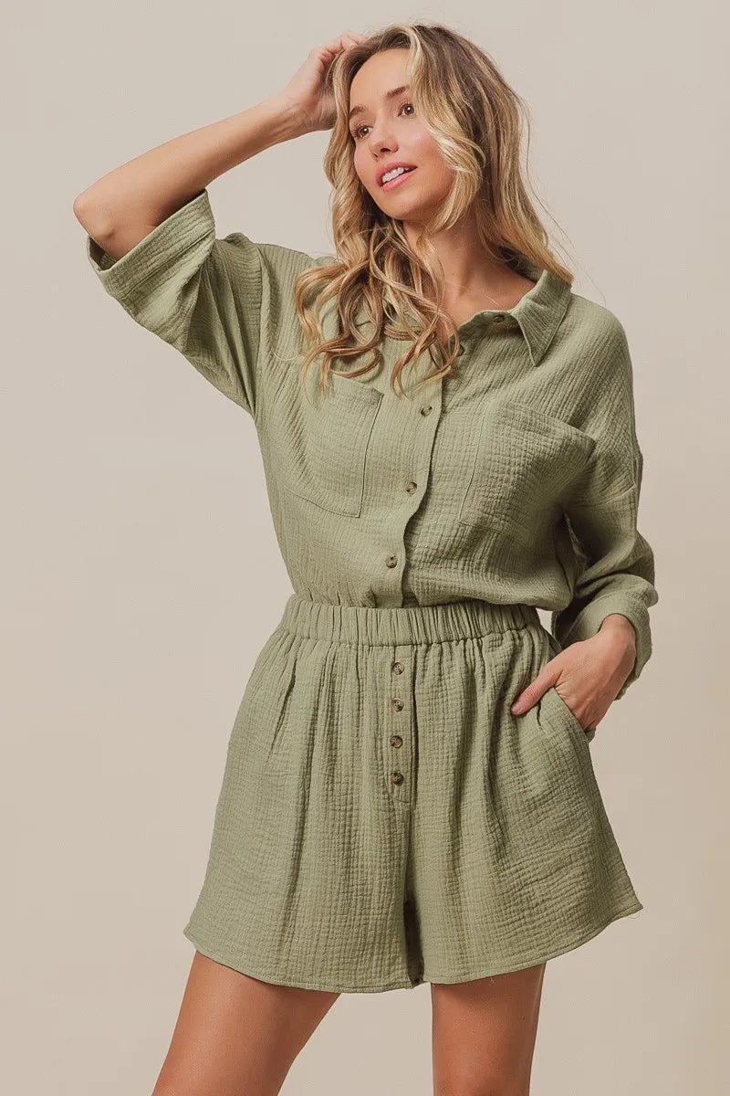 Crinkle Gauze Shirt And Short Set – SAGE outfit idea for women | Ro + Ivy