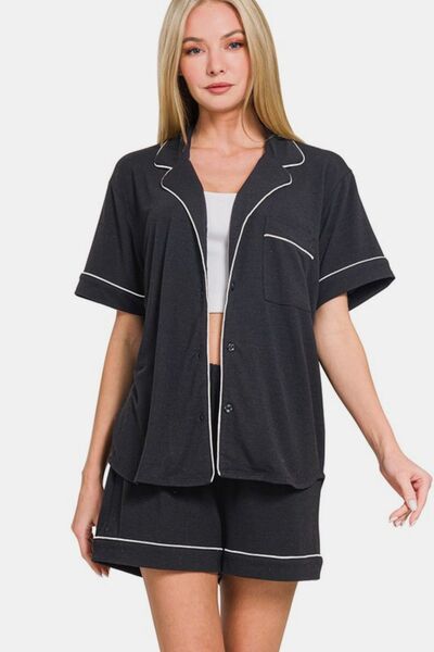 Button Down Short Sleeve Top and Shorts Sleepwear Set in Black - Ro + Ivy