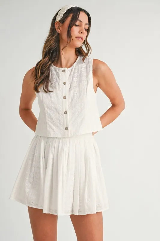 Eyelet Lace Top And Mini Skirt Set – outfit idea for women | Ro + Ivy