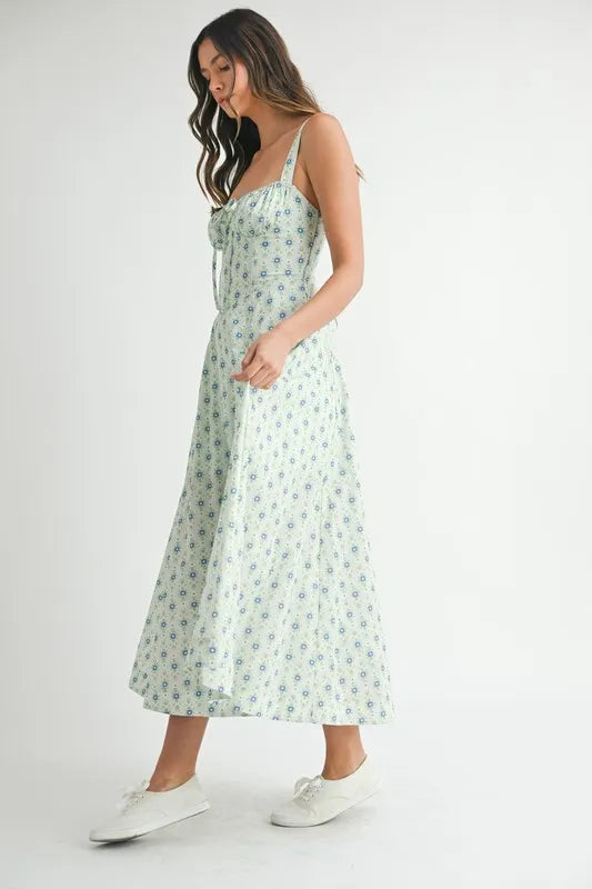Floral Print Bustier Back Lace Up Midi Dress in Mint – outfit idea for women | Ro + Ivy