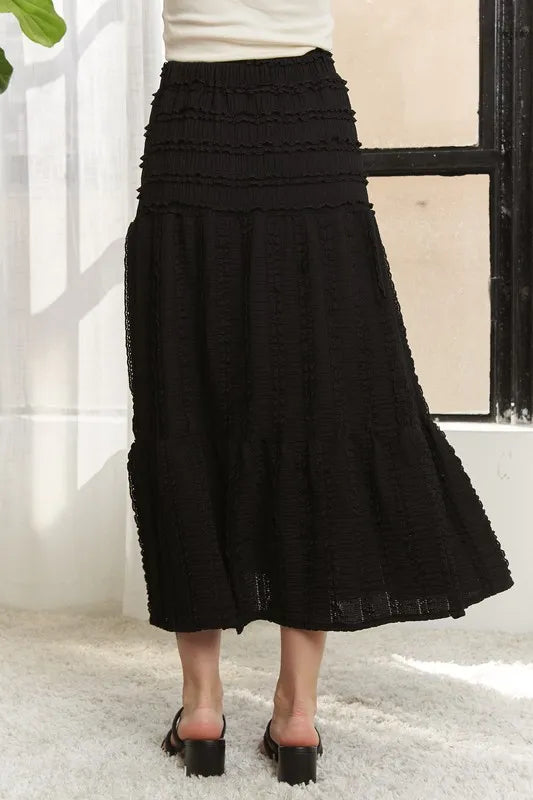 Elastic Waistband Tiered Midi Skirt – outfit idea for women | Ro + Ivy