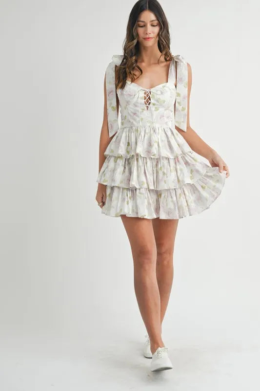 Floral Print Shoulder Tie Layered Mini Dress – outfit idea for women | Ro + Ivy