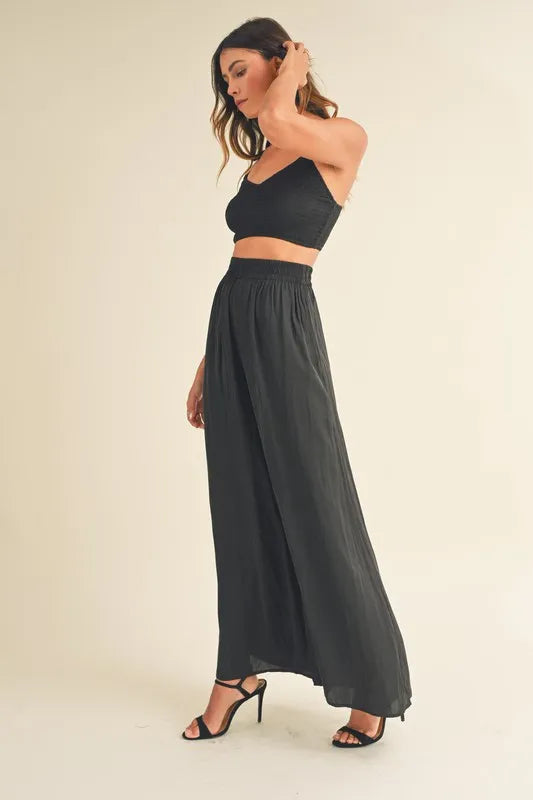 Smocked Bralette Crop Top And Wide Leg Pants Set – outfit idea for women | Ro + Ivy