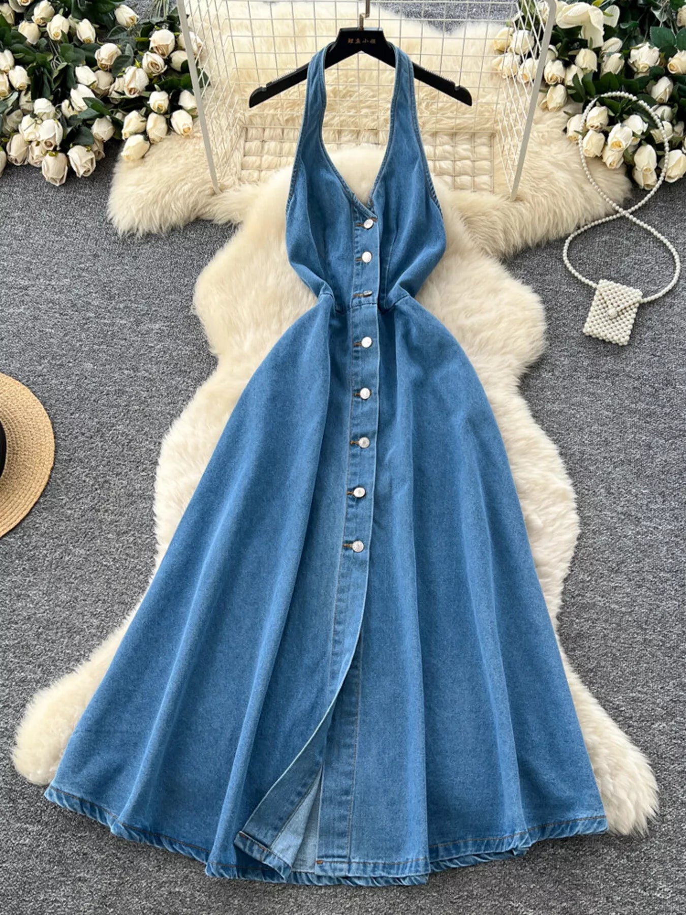 Women's Halter Neck Button Down Denim Maxi Dress