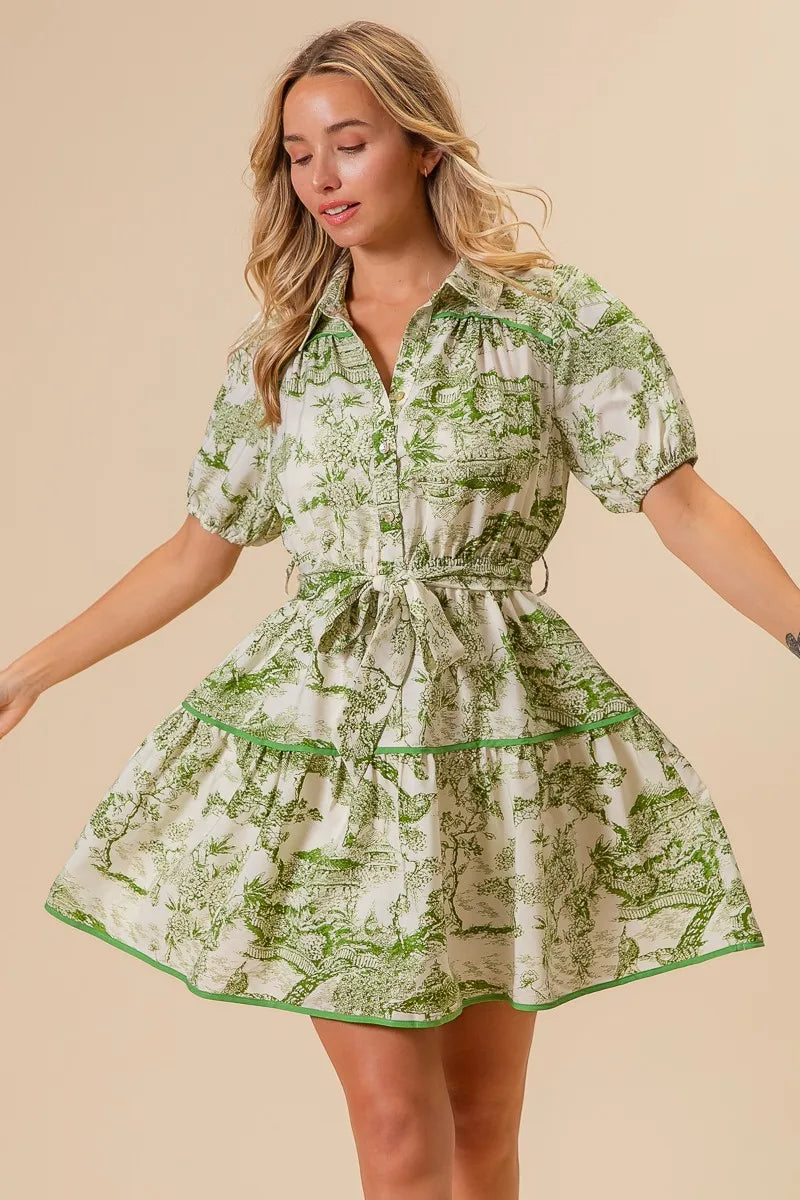 Woven Printed Tiered Mini Dress – outfit idea for women | Ro + Ivy