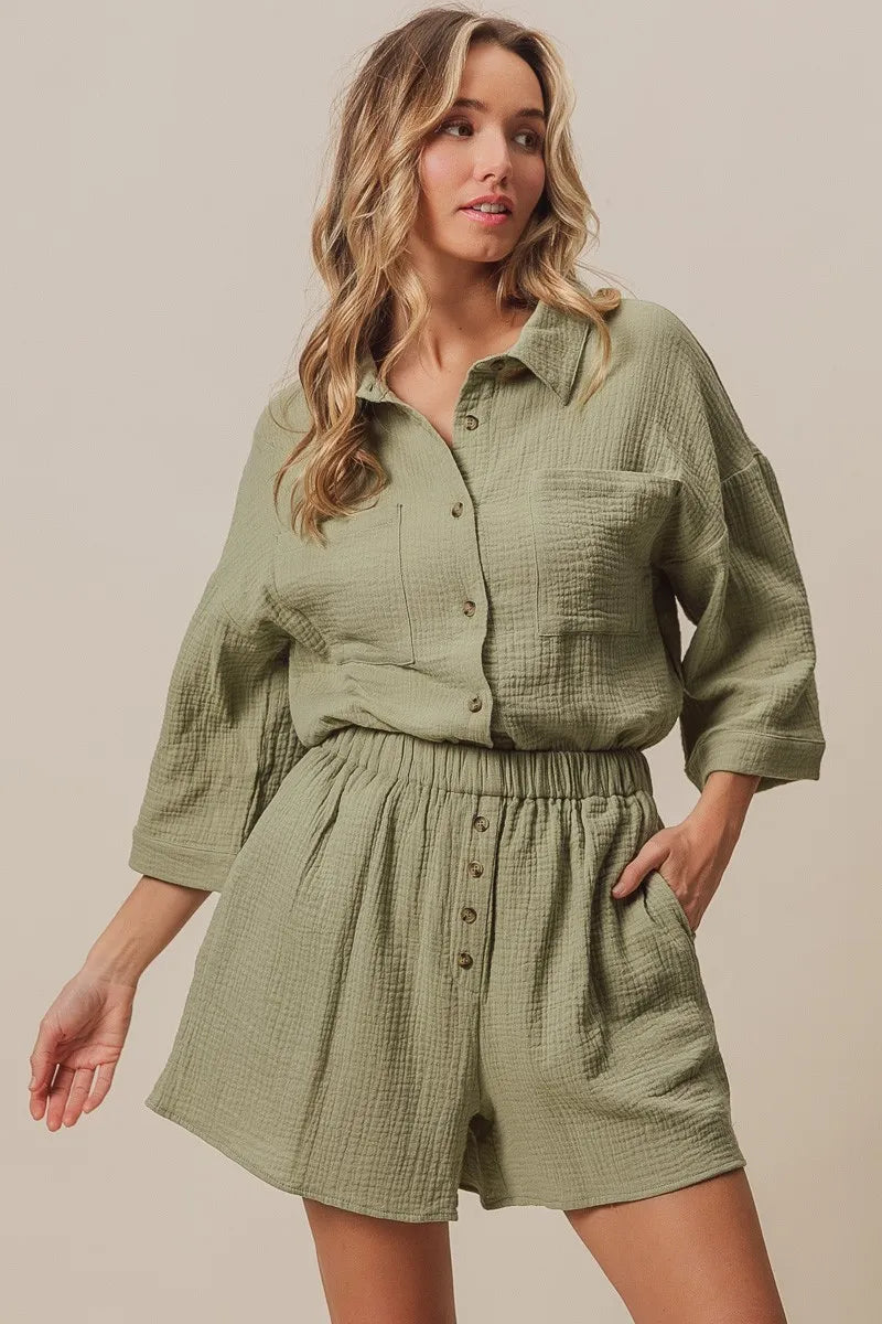 Crinkle Gauze Shirt And Short Set – outfit idea for women | Ro + Ivy