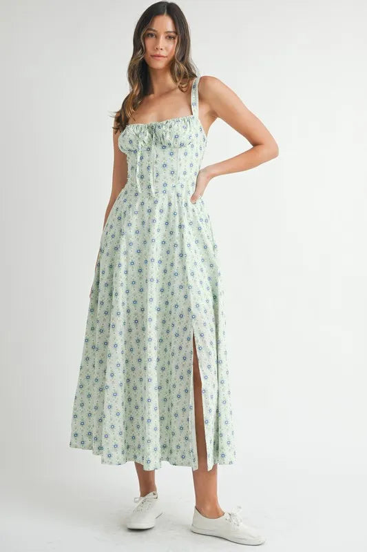 Floral Print Bustier Back Lace Up Midi Dress in Mint Ro + Ivy Floral Print Bustier Back Lace Up Midi Dress in Mint Ro + Ivy