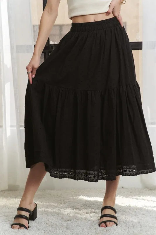 Elastic Waistband Tiered Midi Skirt – outfit idea for women | Ro + Ivy