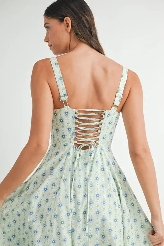 Floral Print Bustier Back Lace Up Midi Dress in Mint – outfit idea for women | Ro + Ivy