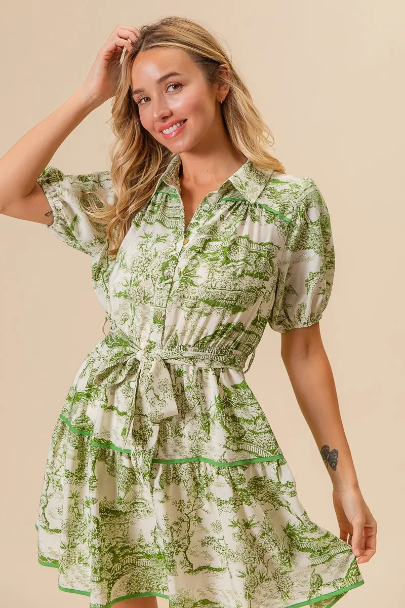 Woven Printed Tiered Mini Dress – outfit idea for women | Ro + Ivy