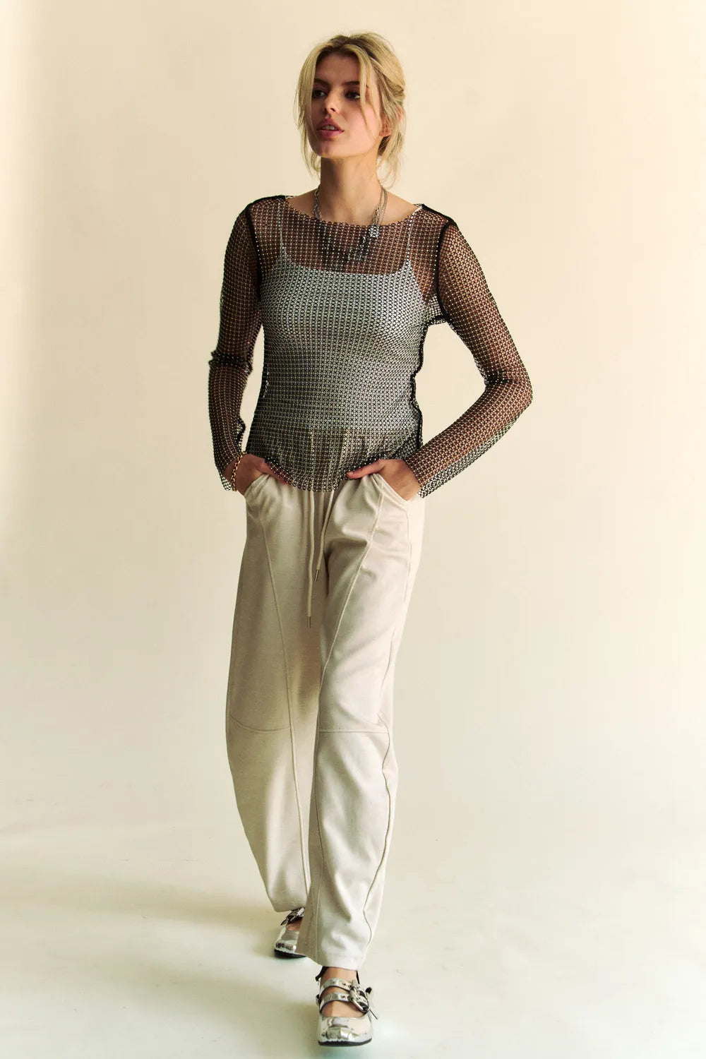Sparkling Rhinestone Sheer Mesh Round Neck Top – outfit idea for women | Ro + Ivy