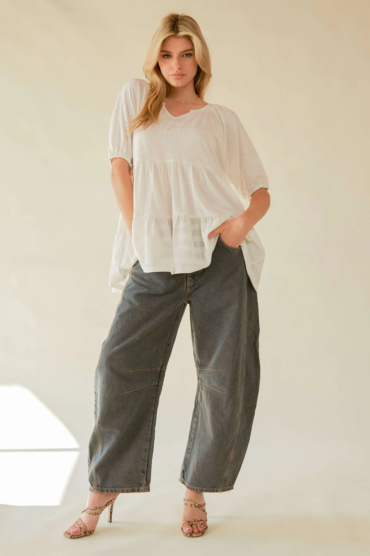 Ruffled Flared Short Sleeve V Neck Blouse – outfit idea for women | Ro + Ivy